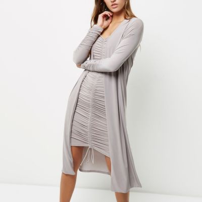 Light grey ruched longline duster coat